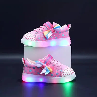 Girls' Rainbow Bow LED Light-Up Sneakers - Sparkly Polka Dot Canvas Glow Shoes✨👟