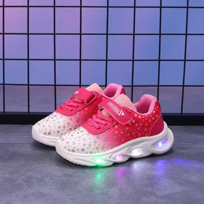 Girls' LED Light-Up Heart Print Sneakers - Pink Gradient Running Shoes with Glow Soles