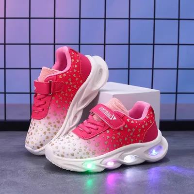 Girls' LED Light-Up Heart Print Sneakers - Pink Gradient Running Shoes with Glow Soles
