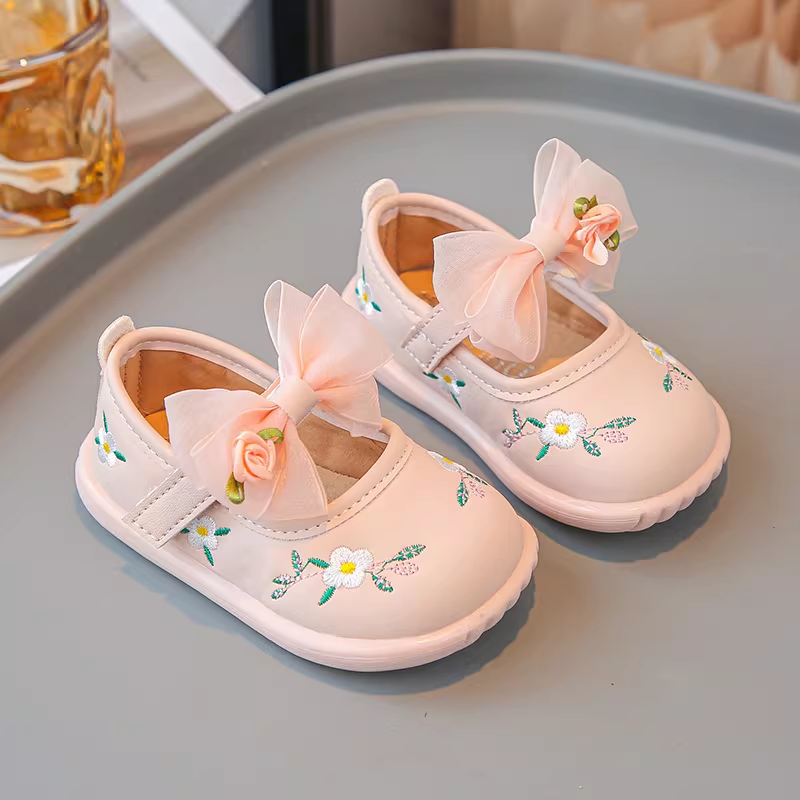Baby Girls' Embroidered Floral Mary Jane Shoes - Peach Rose Bow Party Flats