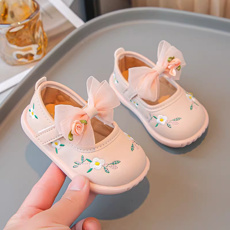Baby Girls' Embroidered Floral Mary Jane Shoes - Peach Rose Bow Party Flats