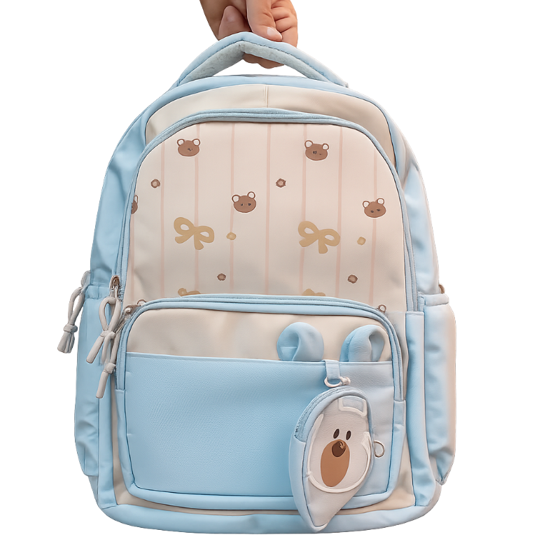 Cute Bear Sky Blue Kids Backpack with Mini Pouch