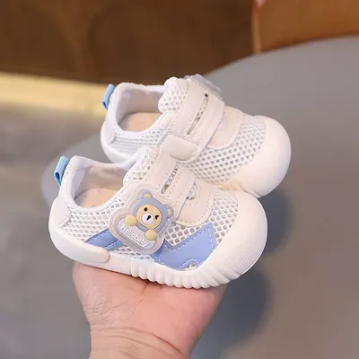 Baby Soft Mesh Velcro Sneakers with Bear Charm – White & Blue