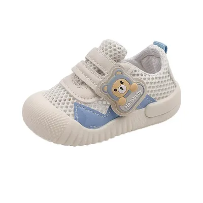 Baby Soft Mesh Velcro Sneakers with Bear Charm – White & Blue