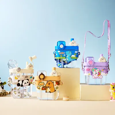 Cartoon-Themed Water Bottles with Animal and Cloud Designs
