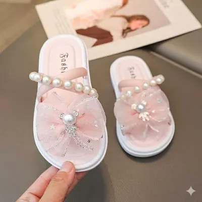 Girls' Pearl Accent Tulle Bow Slides – Elegant Summer Flat Sandals