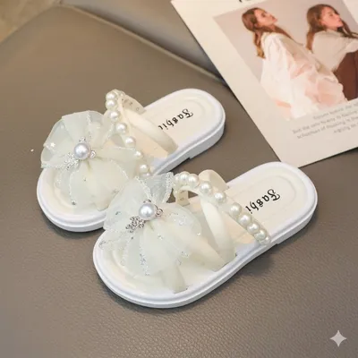 Girls' Pearl Accent Tulle Bow Slides – Elegant Summer Flat Sandals