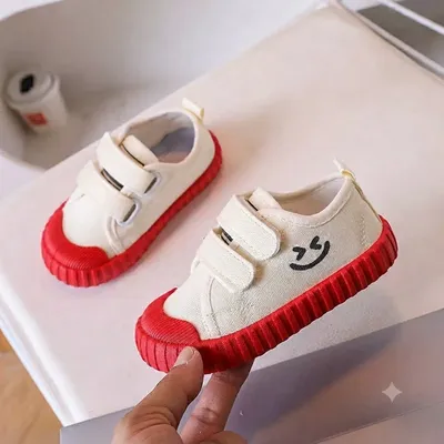 Kids Velcro Canvas Sneakers with Red Rubber Sole & Smiley Design