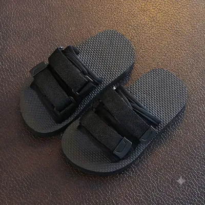 Kids Black Double-Strap Slide Sandals – Comfortable Casual Slippers