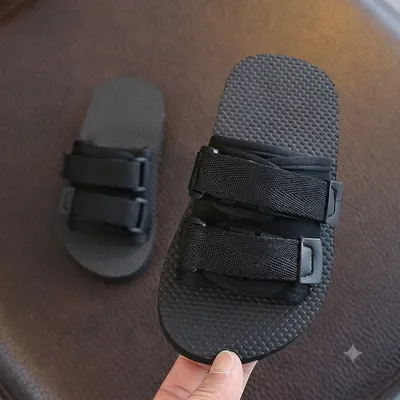 Kids Black Double-Strap Slide Sandals – Comfortable Casual Slippers