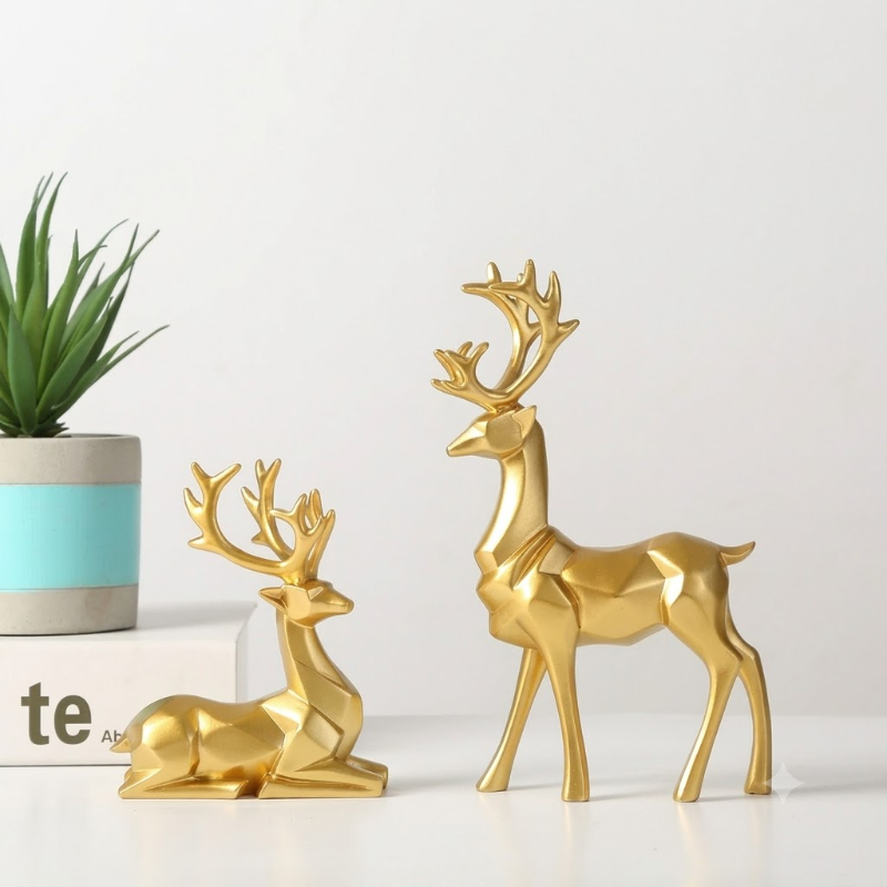 Golden Deer Figurine Set – Standing and Resting Reindeer Sculptures