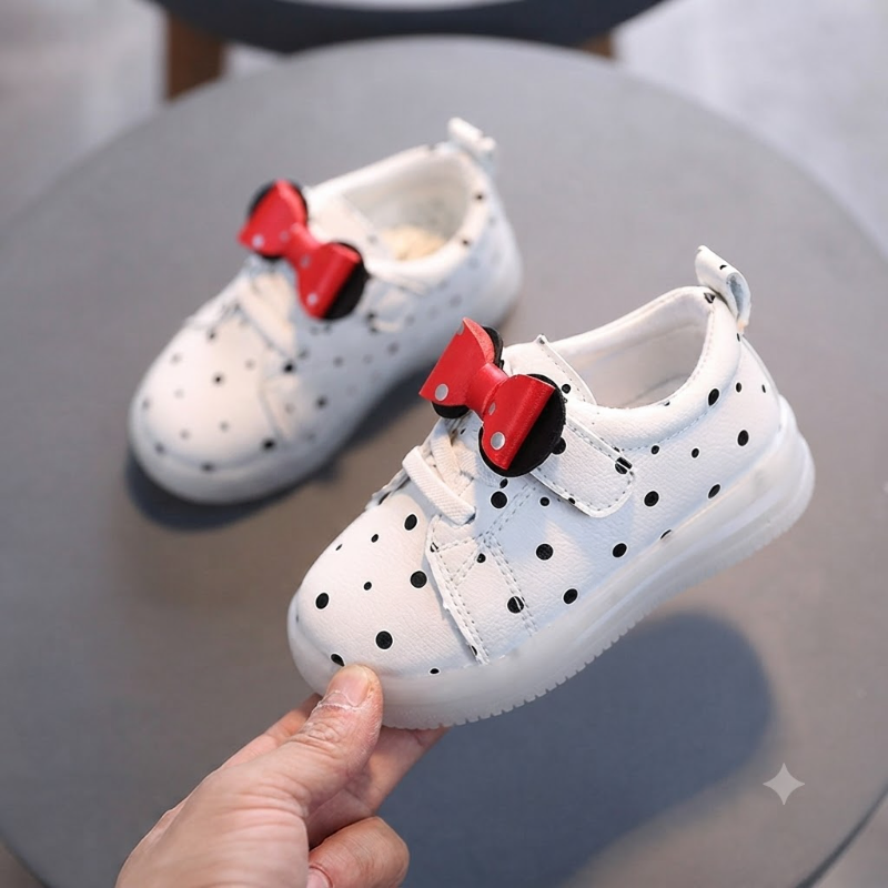 Girls’ Polka Dot Bow LED Light-Up Sneakers – White