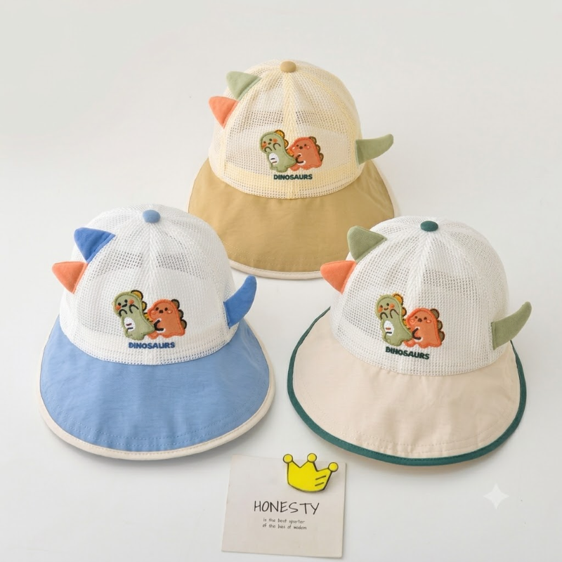 Adjustable 3D Dinosaur Ear Wide-Brim Summer Bucket Cap for Toddlers & Infants