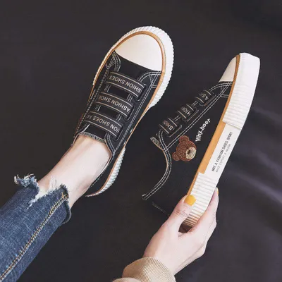 Embroidered Bear Canvas Shoes Female