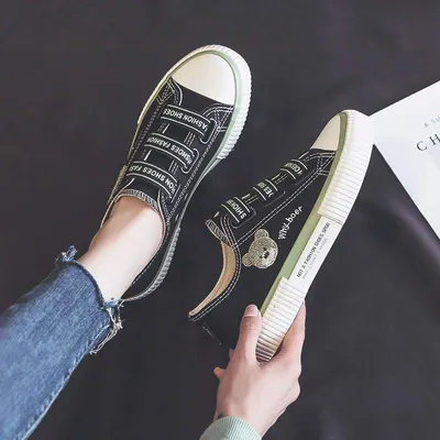 Embroidered Bear Canvas Shoes Female