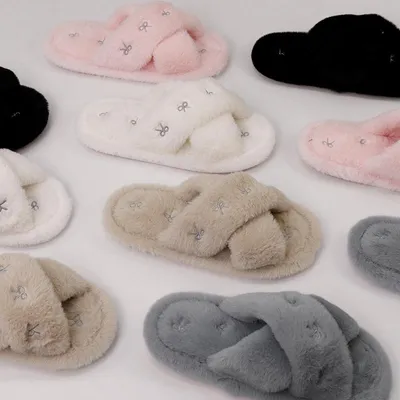 Cross Plush slippers Bows Winter Warm Flat