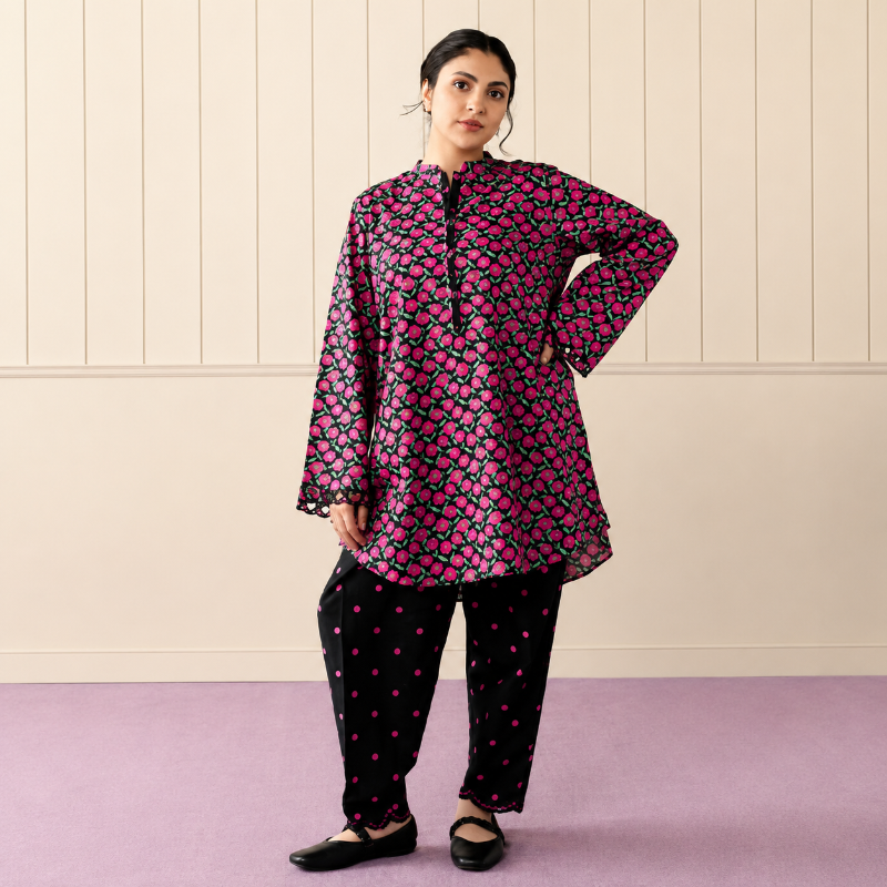COCO BY ZARASHAHJAHAN | A LOOSE-FIT, SHORT  KURTA, TONAL EMBROIDERY, TAPERED  SHALWAR