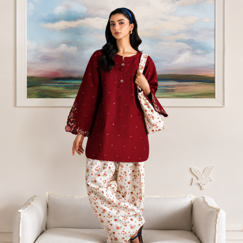 IZNIK 2 PIECE , DYED LAWN . SHORT SHIRT. TROUSER: (PRINTED LAWN)