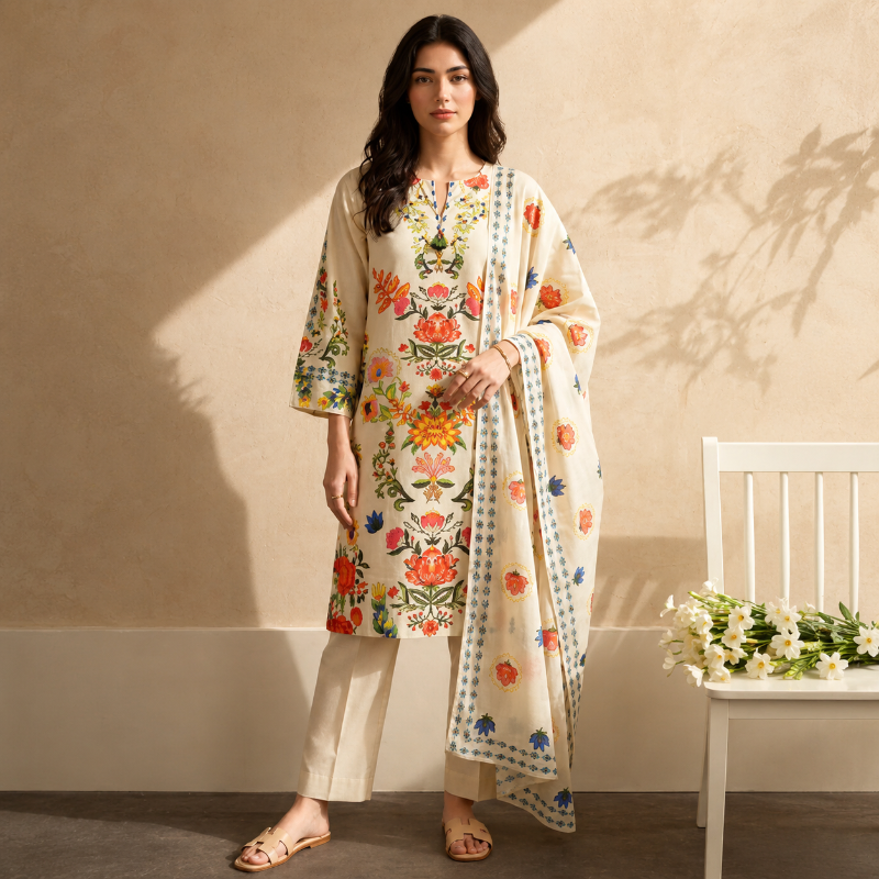 ZELLBURY 3 PIECES PRINTED TEXTURED LAWN (Kurta Dupatta Trouser)
