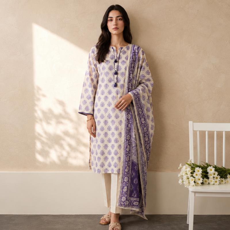 ZELLBURY 2 PIECES PRINTED TEXTURED LAWN (Kurta Dupatta)