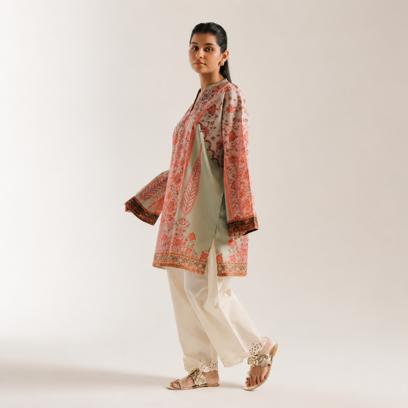 ETHNC PRINTED KURTI | SHIRT - STRAIGHT FIT - BAN NECK WITH V SLIT - FULL SLEEVES - KNEE LENGTH
