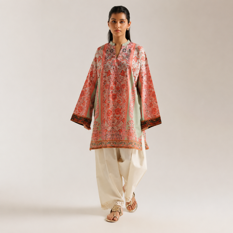 ETHNC PRINTED KURTI | SHIRT - STRAIGHT FIT - BAN NECK WITH V SLIT - FULL SLEEVES - KNEE LENGTH