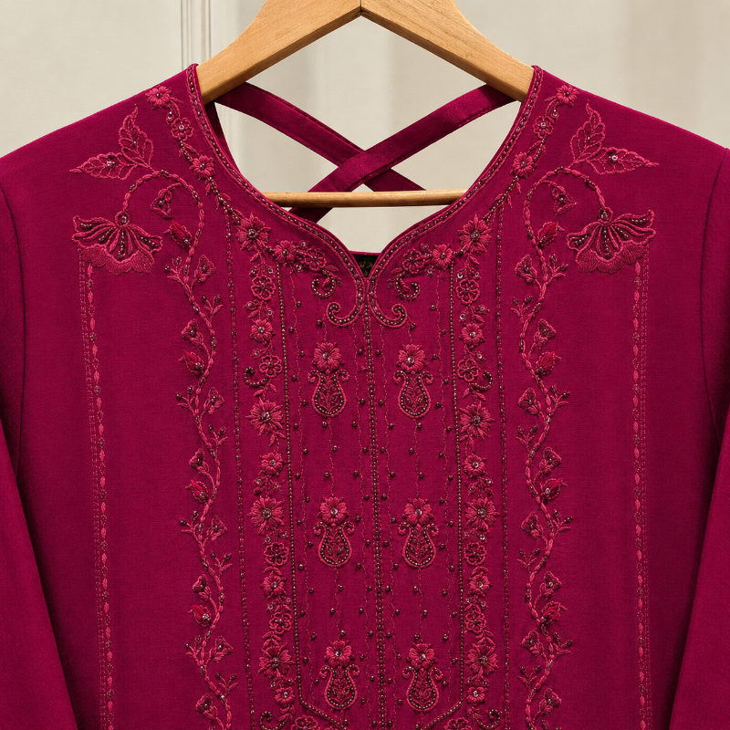 AGHANOOR- 2 Piece- Pure Sheesha Silk Embroidered Suit WITH CRUSH PANT