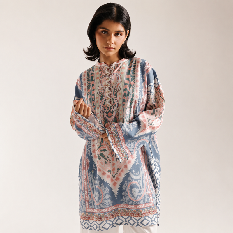 ETHNC PRINTED KURTI | SHIRT - STRAIGHT RELAX FIT - FULL SLEEVES - BAN NECK WITH SLIT - REGULAR LENGTH
