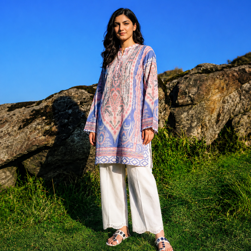 ETHNC PRINTED KURTI | SHIRT - STRAIGHT RELAX FIT - FULL SLEEVES - BAN NECK WITH SLIT - REGULAR LENGTH