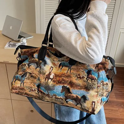 Retro Horse Design Travel Bag | Large Capacity Waterproof Canvas Gym & Sports Bag