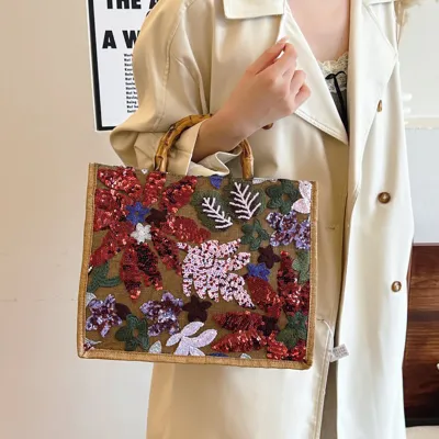 Luxury Floral Embroidered Tote Bag | Sequined Mesh Large Capacity Women’s Handbag