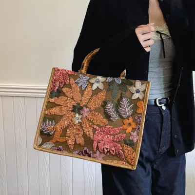 Luxury Floral Embroidered Tote Bag | Sequined Mesh Large Capacity Women’s Handbag