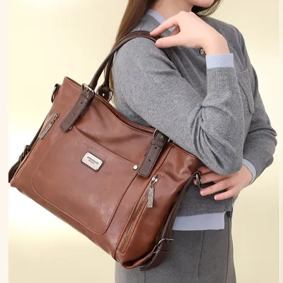 Retro Waxed Leather Women’s Tote | Large Capacity Color-Block Shoulder & Crossbody Handbag