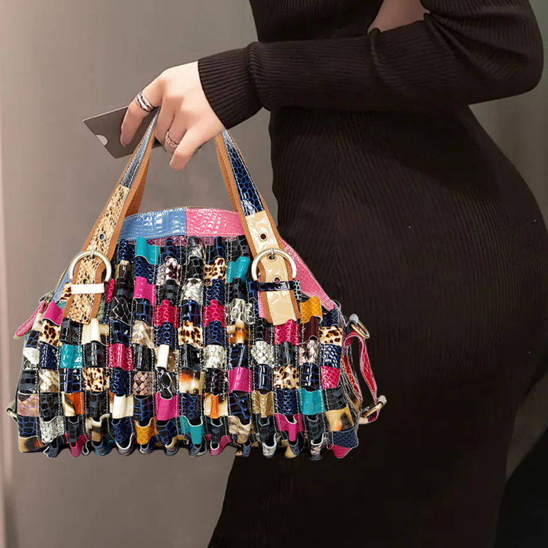 Genuine Leather Patchwork Tote Bag | Top-Grain Cowhide Retro Crossbody Handbag