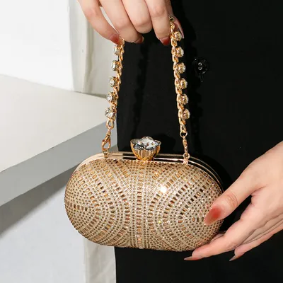 Diamond Rhinestone Clutch Bag | Luxury Gold Chain Evening Party Handbag