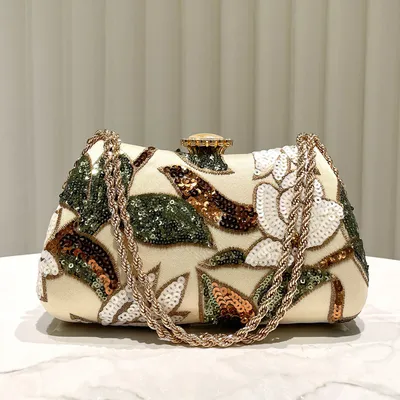 Gold Sequined Embroidered Clutch | Elegant Chain Evening Party Handbag