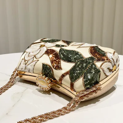 Gold Sequined Embroidered Clutch | Elegant Chain Evening Party Handbag