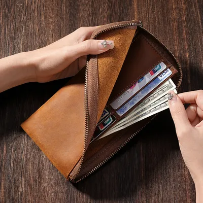 Top-Grain Crazy Horse Leather Long Wallet for Women – Vintage Genuine Leather Phone Clutch