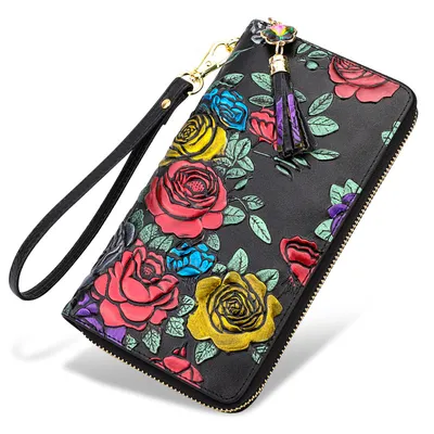Genuine Leather Floral Clutch Wallet | Cowhide Long Zipper Women’s Wallet