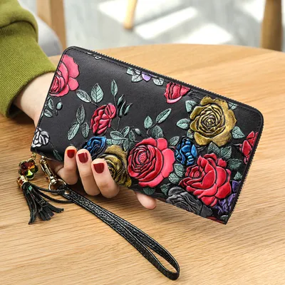 Genuine Leather Floral Clutch Wallet | Cowhide Long Zipper Women’s Wallet