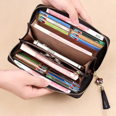 Genuine Leather Floral Clutch Wallet | Cowhide Long Zipper Women’s Wallet