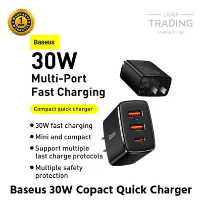 Baseus 30W USB C Compact Quick Charger Type C PD Fast Charging Dual USB Port Portable 3 Port Fast Phone Charger