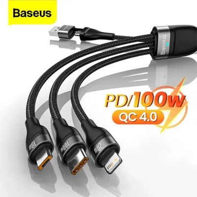 Baseus 3 in 2 100W Fast Charging Cable Type C PD iP PD 20W and Micro USB QC 18W with USB and Type C Input Cables for MacBook Pro Samsung Xiaomi High Speed Charging Cable