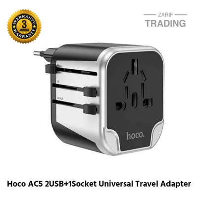 Hoco AC5 2USB 1Socket Universal Travel Adapter High Quality Fast Charging Travel Plug