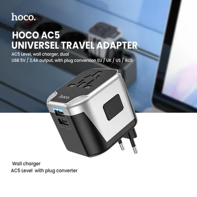 Hoco AC5 2USB 1Socket Universal Travel Adapter High Quality Fast Charging Travel Plug