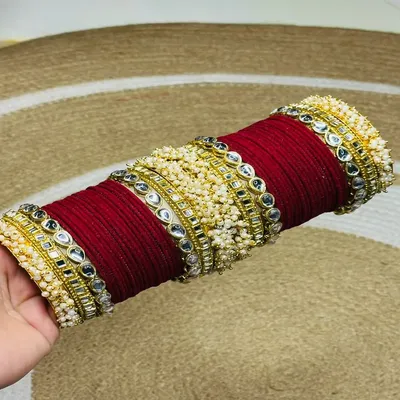 Premium Maroon Bridal Chura with Pearl & Kundan Work – Wedding Bangles Set