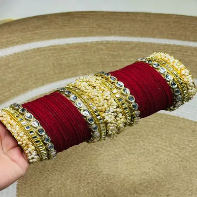 Premium Maroon Bridal Chura with Pearl & Kundan Work – Wedding Bangles Set