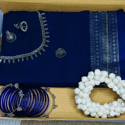 Royal Blue Saree Combo Set with Oxidized Jewelry, Bangles & White Flower Gajra – Complete Ready Look