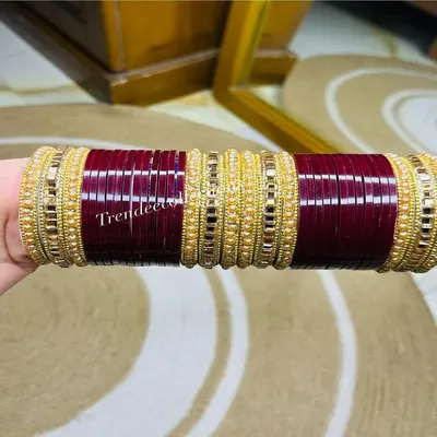 Premium Red & Maroon Bridal Chura Set with Pearl & Kundan Work – Wedding Bangles for Bride