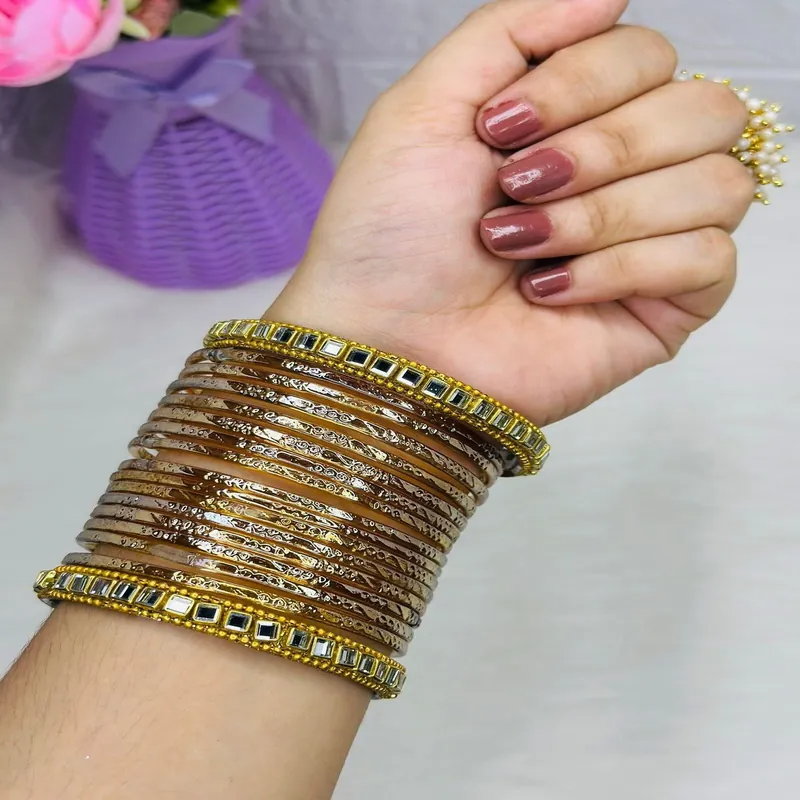 Designer Brown Kacher Churi Set with Gold Stone Border – Glass Bangles for Women